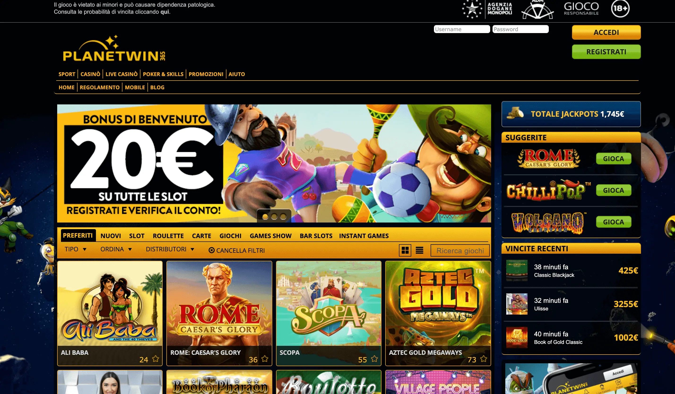 Planetwin365 casino homepage