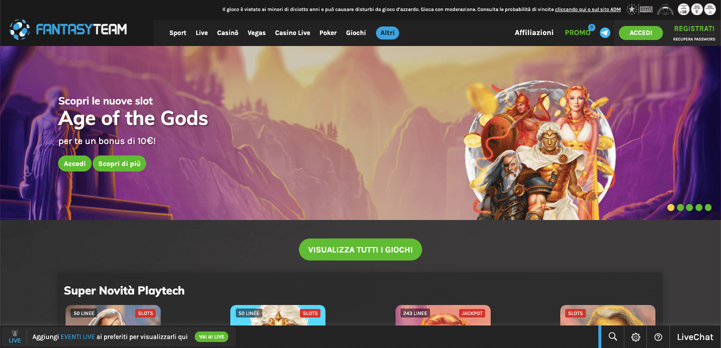 Fantasy Team Casino homepage