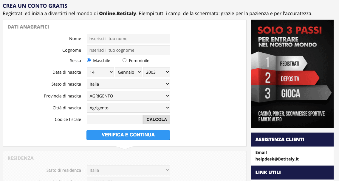 BetItaly Registrazione