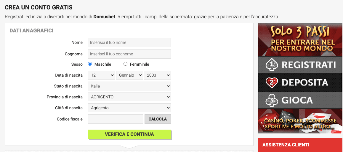 DomusBet Casino Registrazione